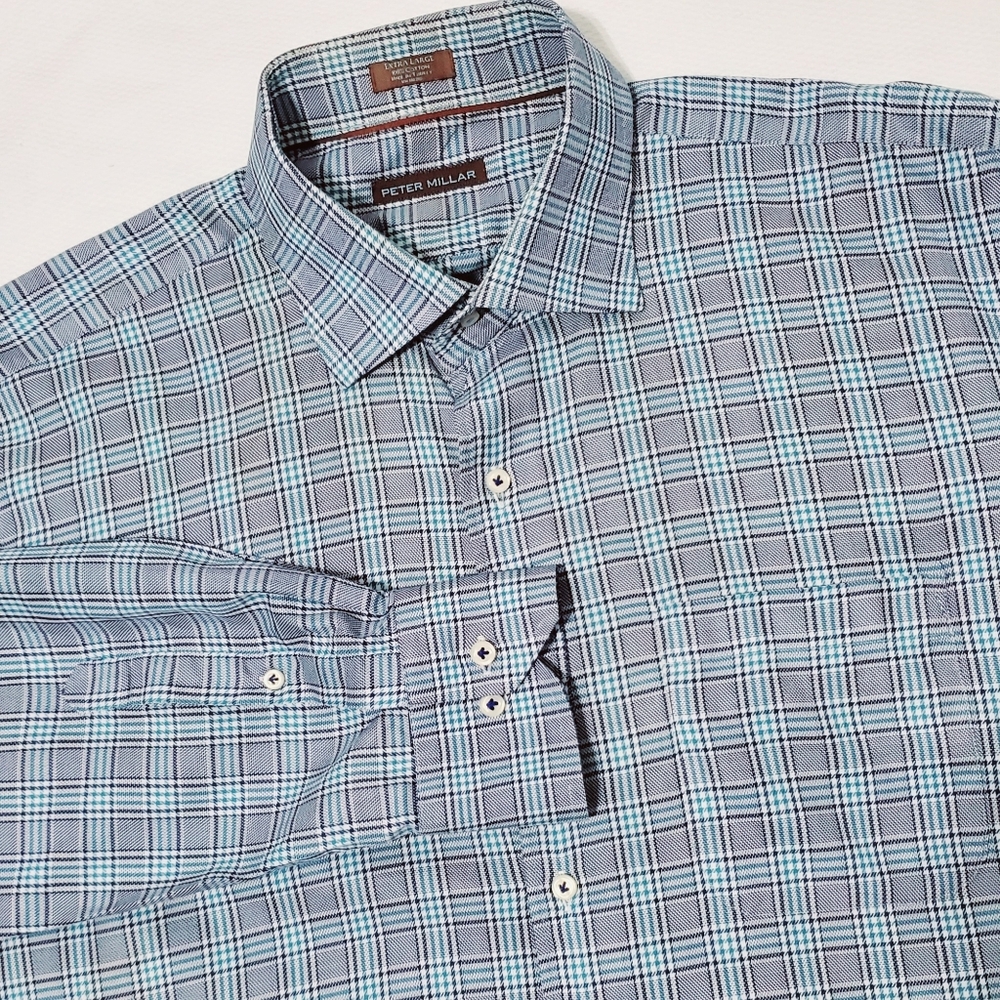 Peter Millar Teal Gray Plaid Cotton Long Sleeve Button Down Shirt XL